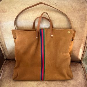 NWT Clare V. Tote Camel with Blue/Red/Green Stripes, personalized “AB” in gold.